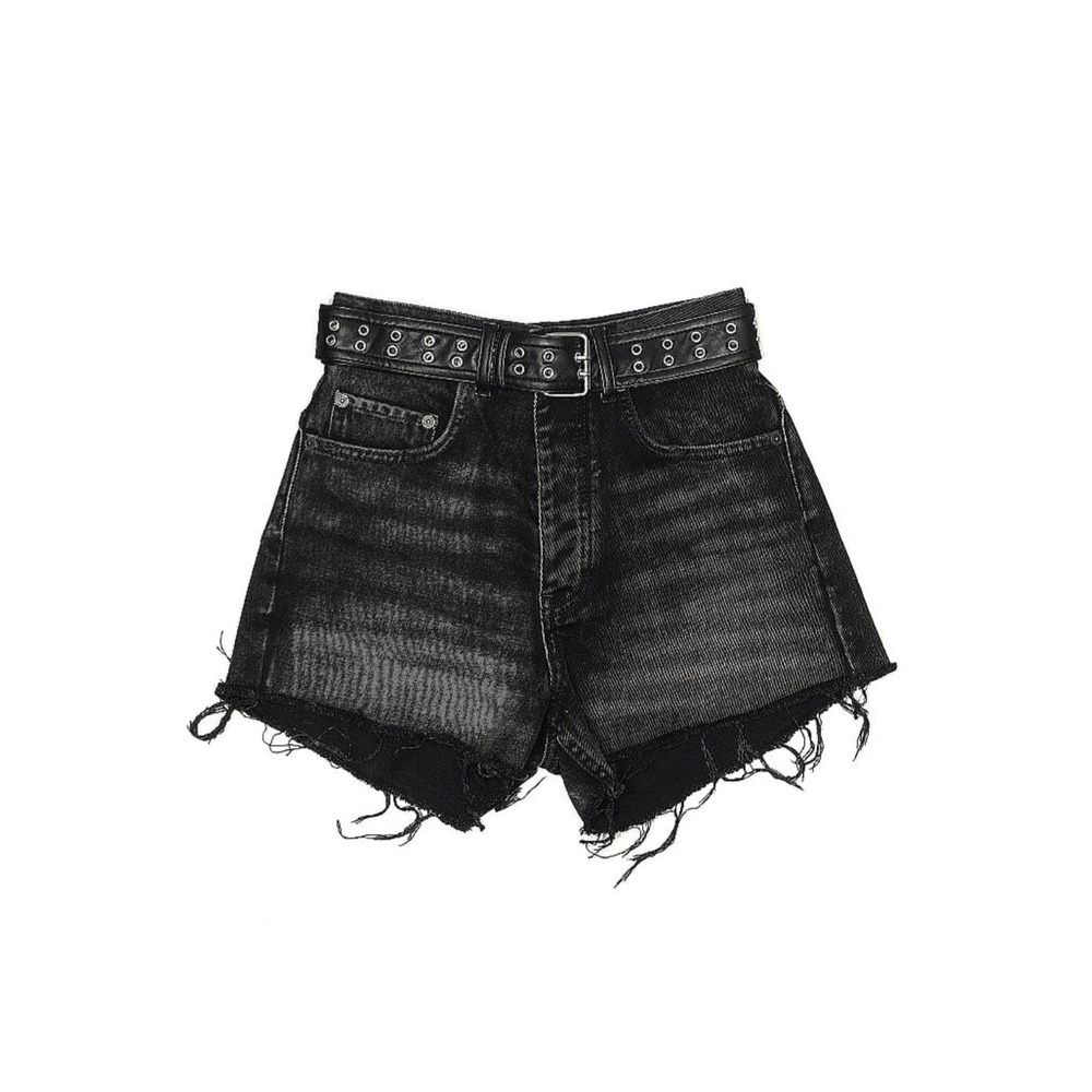 $225 The Kooples Black Wash Denim Shorts with Grommet Belt‎ Distressed